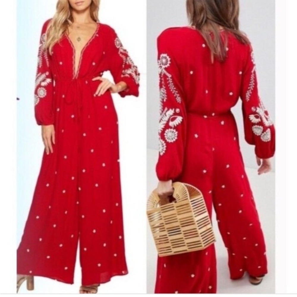 Free People Red and White Embroidered Jumpsuit Bohemian Beach Size Small Retro